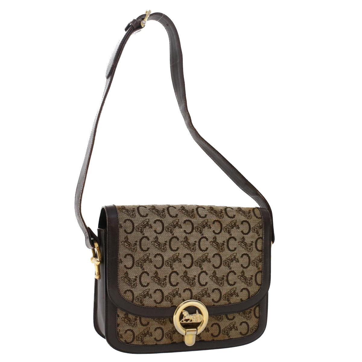 Luxury CELINE C Macadam Canvas Horse Carriage Shoulder Bag Beige Dark Brown  48460