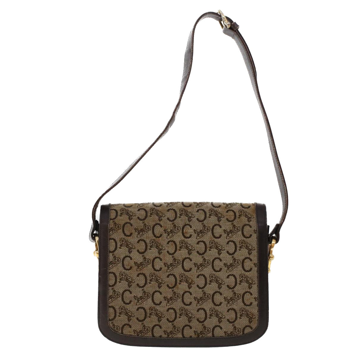 Luxury CELINE C Macadam Canvas Horse Carriage Shoulder Bag Beige Dark Brown  48460