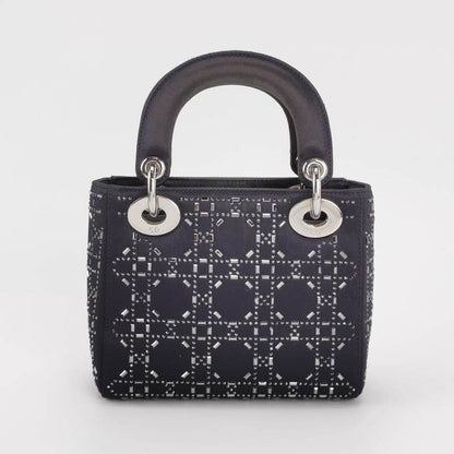 Lady Dior Mini Black Silk with Crystals Silver Hardware