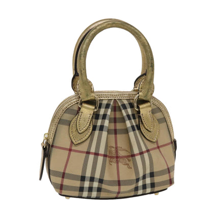 Luxury Burberry Nova Check Hand Bag PVC Leather Beige Gold Auth 49100