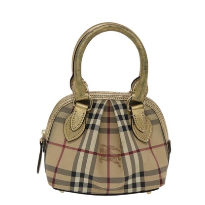 Luxury Burberry Nova Check Hand Bag PVC Leather Beige Gold Auth 49100