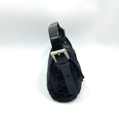 Fendi Baguette Vintage Black Glitter Beads Shoulder Bag Blue Satin Interior
