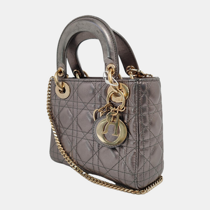 Lady Dior Mini Metallic Grey Cannage Lambskin Gold Hardware Chain Strap