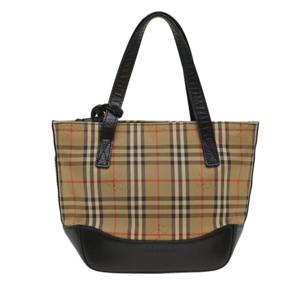 Luxury Burberry Nova Check Hand Bag Nylon Leather Beige Auth 49617