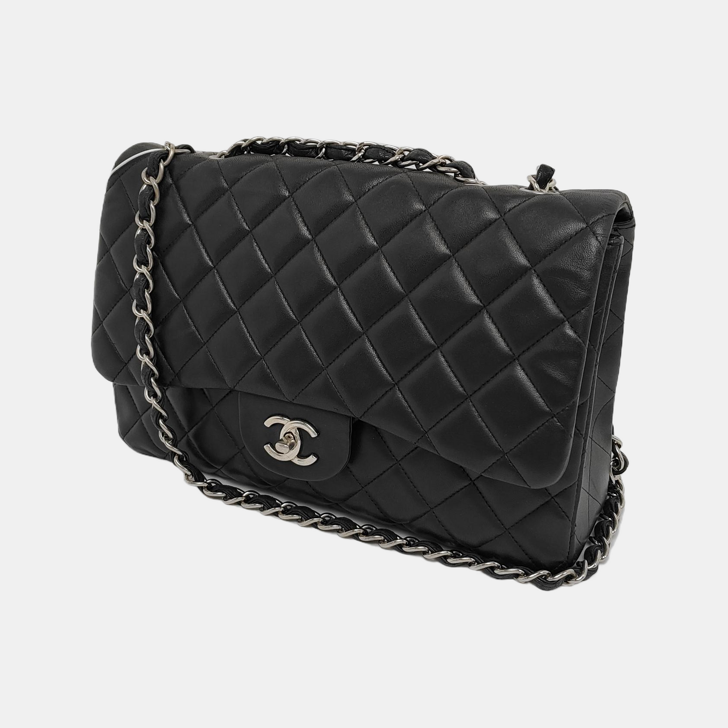 Chanel Classic Flap Jumbo Black Lambskin Leather Single Flap with Silver Hardware