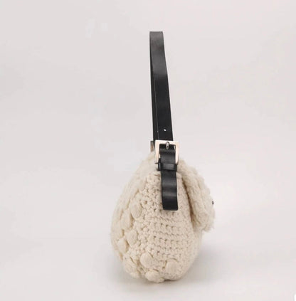 Fendi Baguette Bag White Wool Pompom Shoulder Bag