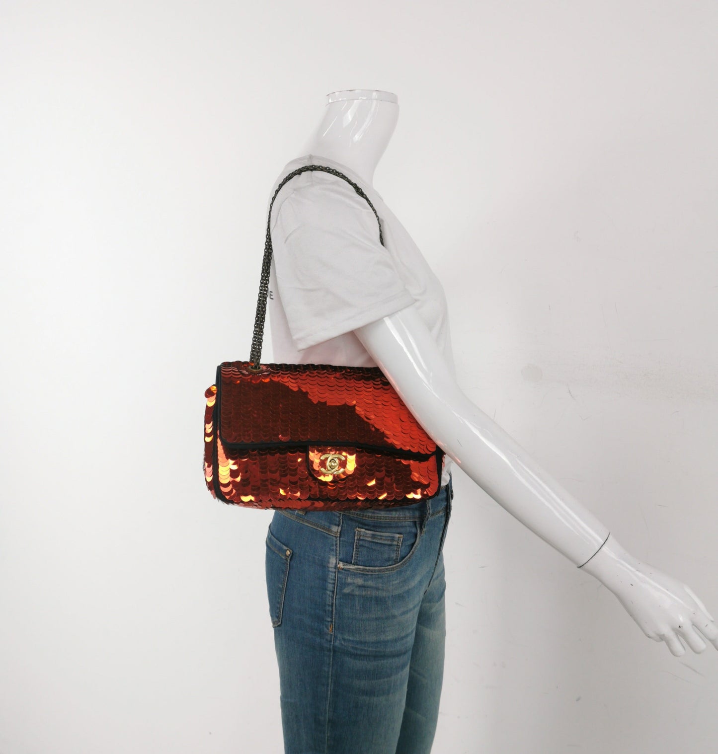 Chanel Paillette Flap Bag Medium Red Glitter Sequins Gold Chain Strap