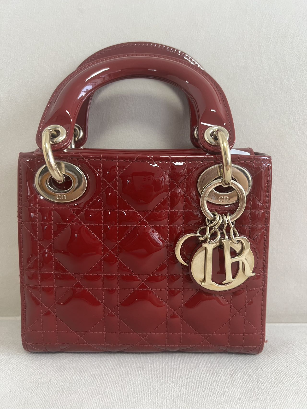 Lady Dior Mini Burgundy Red Patent Leather Gold Chain Strap 2021 Suede Interior
