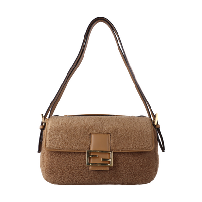 Fendi Baguette Medium Double Sided Shearling Light Beige Brown Shoulder Bag