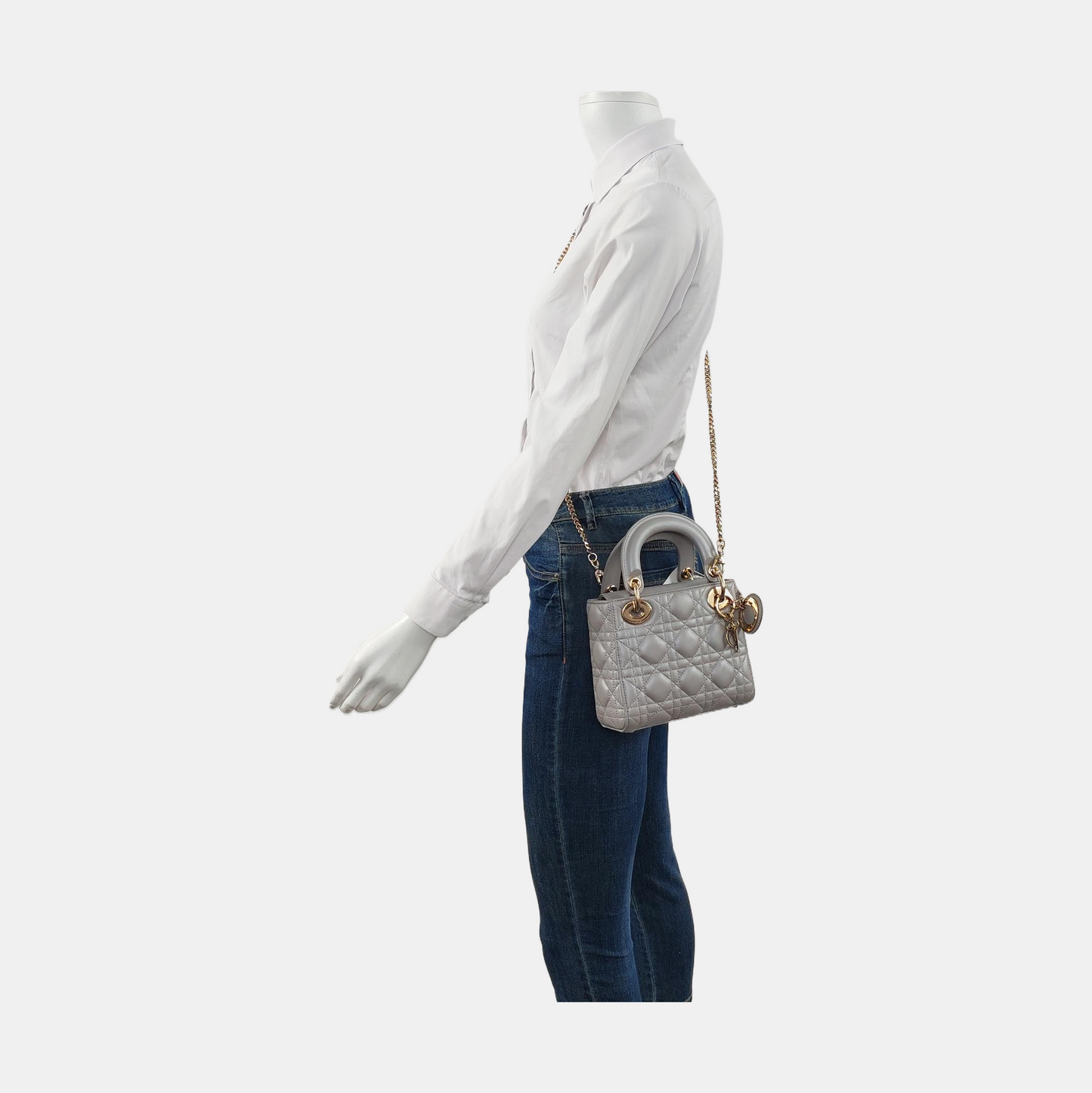 Lady Dior Mini Pearlescent Grey Cannage Lambskin Gold Hardware Chain Strap