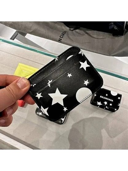 Luxury Balenciaga Trending 2025 Logo Star Print Leather Card Wallet Black