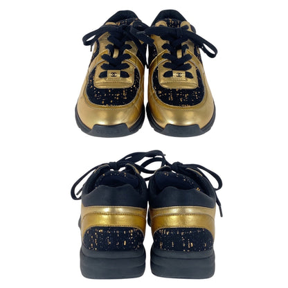 CHANEL sneakers Leather, Tweed Gold black Sneakers low cut COCO Mark Women 37.5
