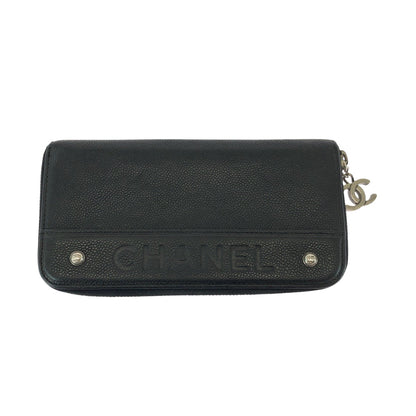 CHANEL Long Wallet Purse Caviar skin Black SilverMetal Long Wallet Purse Zip Around COCO Mark Women