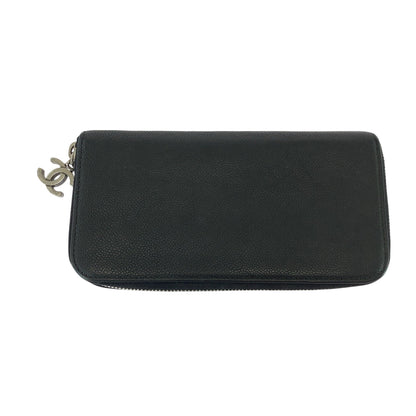 CHANEL Long Wallet Purse Caviar skin Black SilverMetal Long Wallet Purse Zip Around COCO Mark Women