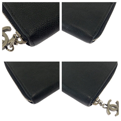 CHANEL Long Wallet Purse Caviar skin Black SilverMetal Long Wallet Purse Zip Around COCO Mark Women