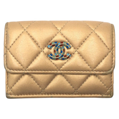 CHANEL Tri-fold wallet leather gold Tri-fold wallet Compact wallet Matrasse COCO Mark Women