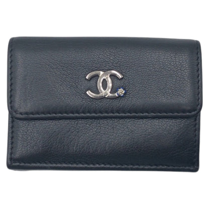 CHANEL Tri-fold wallet leather black black silver Tri-fold wallet Compact wallet COCO Mark Women
