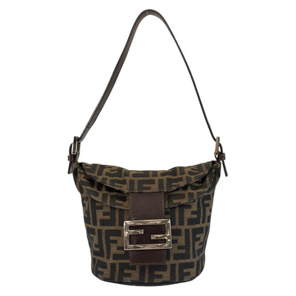 FENDI Shoulder Bag Canvas, Leather Brown Silver Metal Zucca Mamma Bucket Women