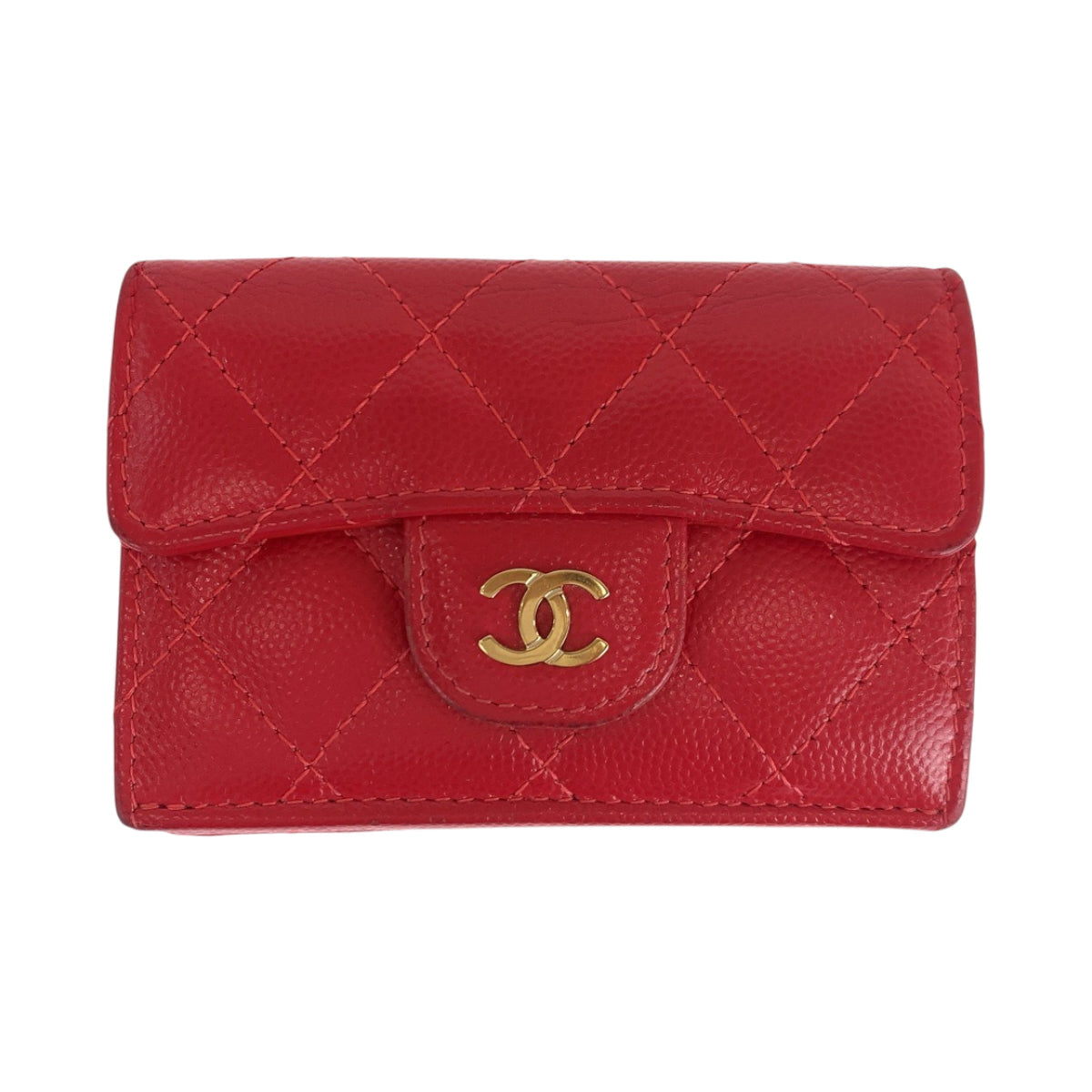 CHANEL Tri-fold wallet Caviar skin Red Gold Metal Folding wallet Compact wallet Matelasse small flap COCO Mark Women