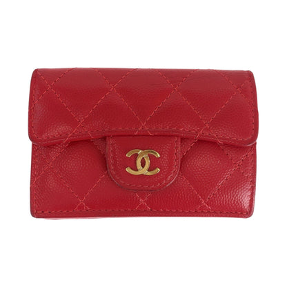 CHANEL Tri-fold wallet Caviar skin Red Gold Metal Folding wallet Compact wallet Matelasse small flap COCO Mark Women