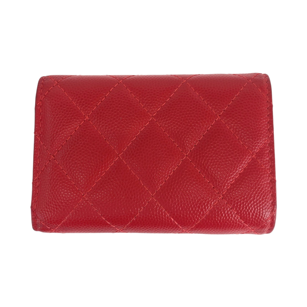 CHANEL Tri-fold wallet Caviar skin Red Gold Metal Folding wallet Compact wallet Matelasse small flap COCO Mark Women