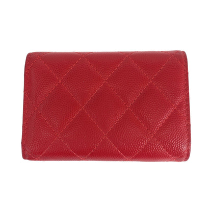 CHANEL Tri-fold wallet Caviar skin Red Gold Metal Folding wallet Compact wallet Matelasse small flap COCO Mark Women