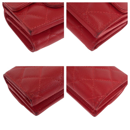 CHANEL Tri-fold wallet Caviar skin Red Gold Metal Folding wallet Compact wallet Matelasse small flap COCO Mark Women