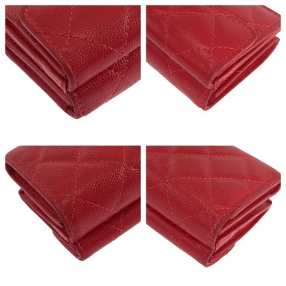 CHANEL Tri-fold wallet Caviar skin Red Gold Metal Folding wallet Compact wallet Matelasse small flap COCO Mark Women