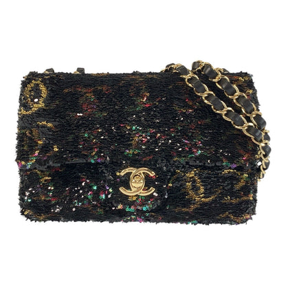CHANEL Shoulder Bag lambskin Black Multicolor Gold Metal ChainShoulder Bag COCO Mark Turnlock Sequins Women