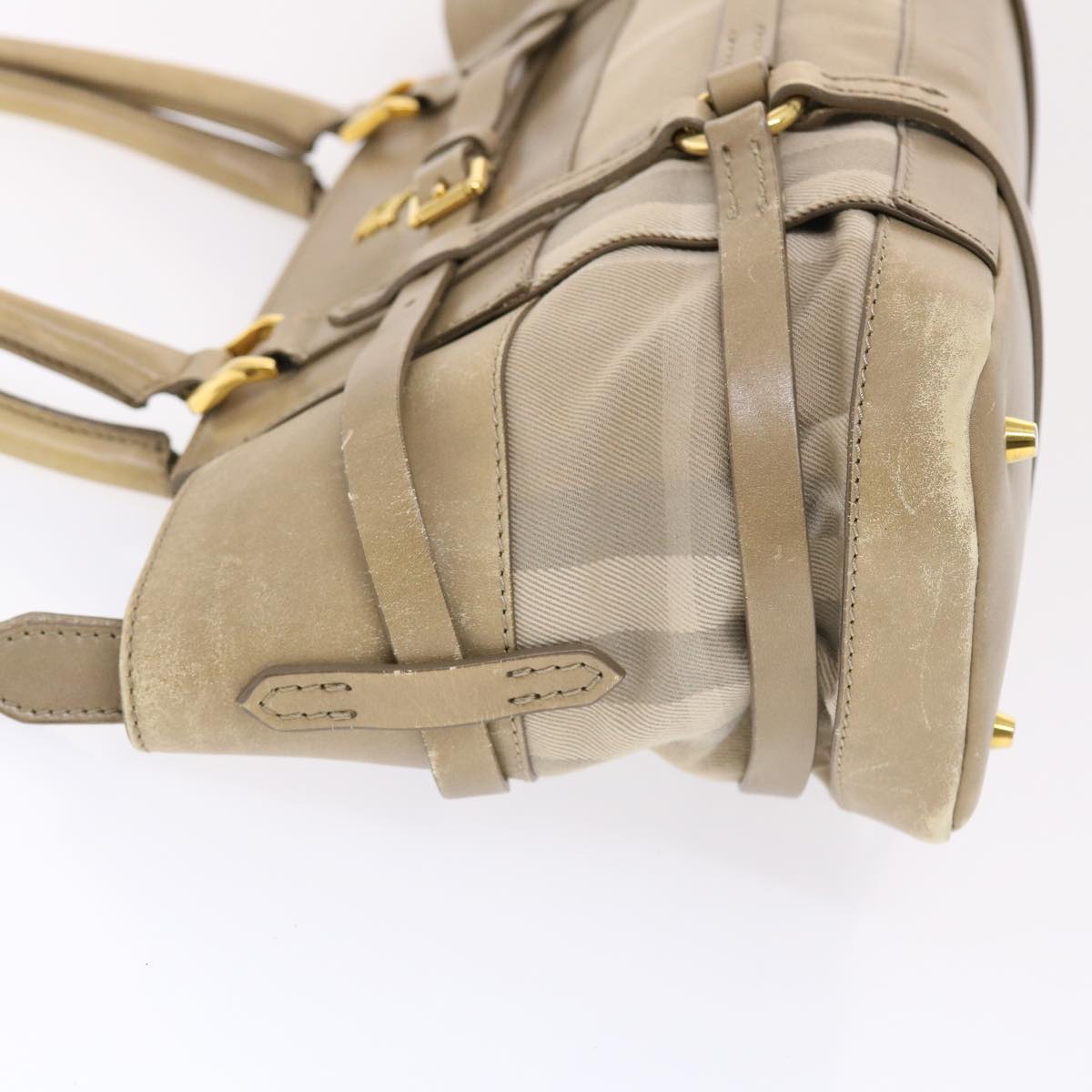 Luxury Burberry Nova Check Hand Bag Nylon Leather Beige Auth 50273