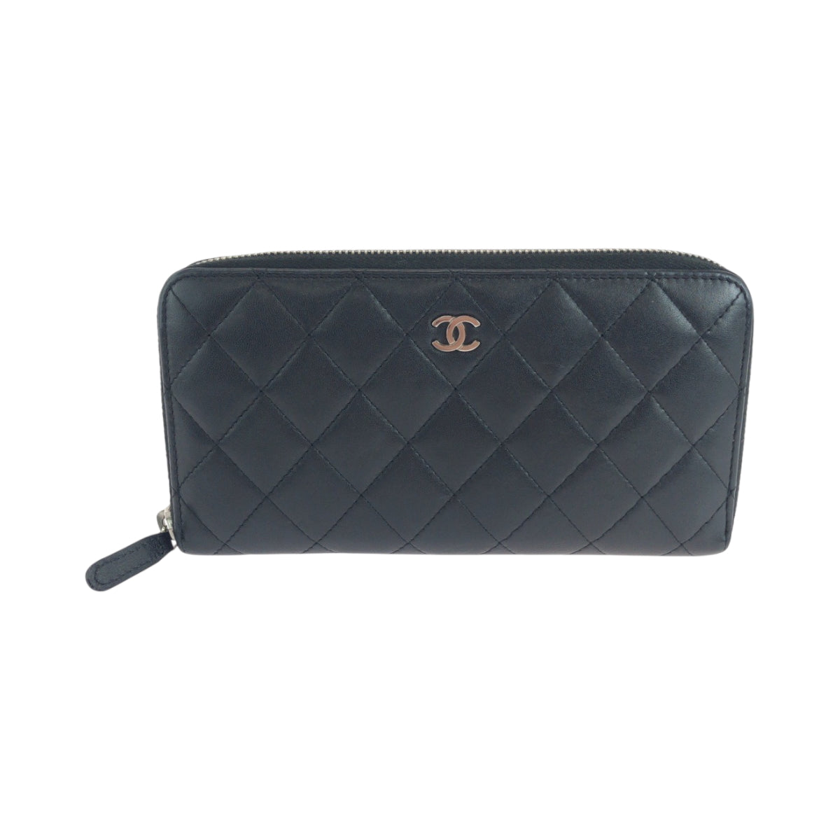 CHANEL Long Wallet Purse lambskin Black Silver Metal Long Wallet Purse Zip Around Matrasse COCO Mark Women