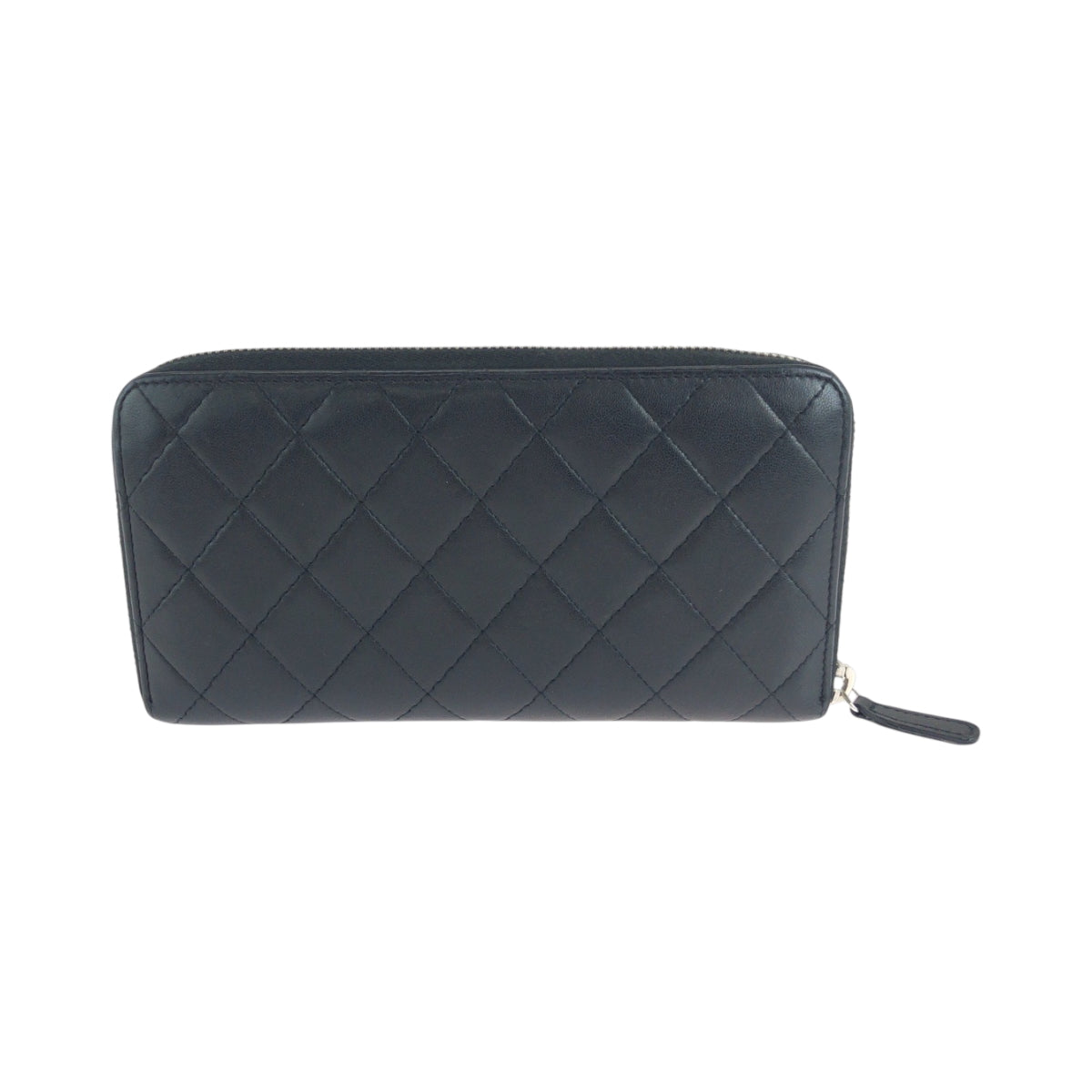 CHANEL Long Wallet Purse lambskin Black Silver Metal Long Wallet Purse Zip Around Matrasse COCO Mark Women