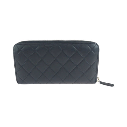 CHANEL Long Wallet Purse lambskin Black Silver Metal Long Wallet Purse Zip Around Matrasse COCO Mark Women