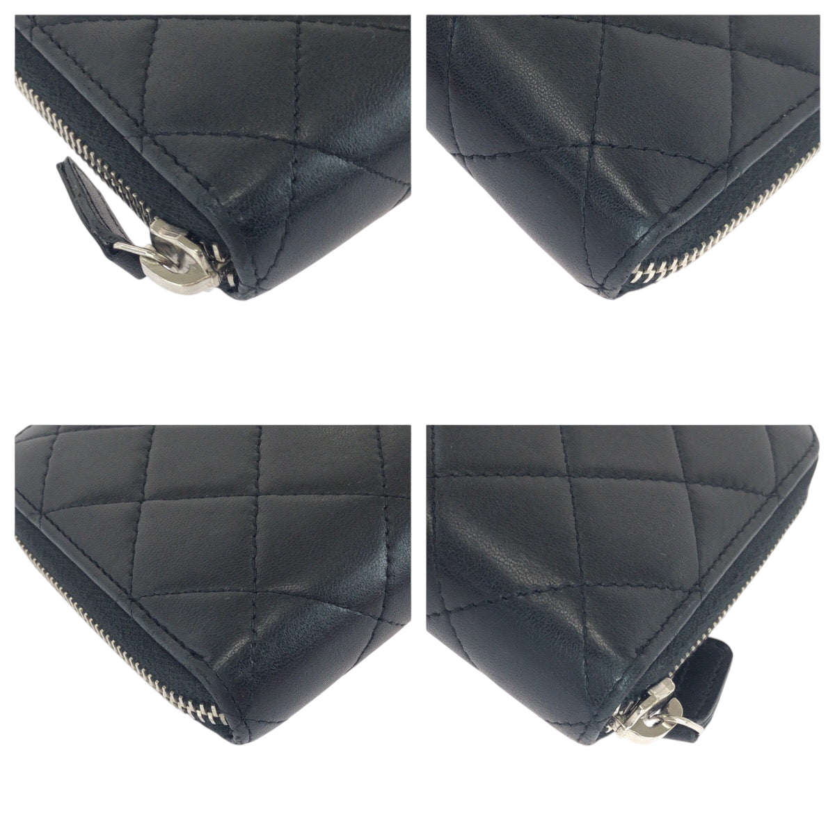 CHANEL Long Wallet Purse lambskin Black Silver Metal Long Wallet Purse Zip Around Matrasse COCO Mark Women