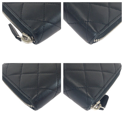 CHANEL Long Wallet Purse lambskin Black Silver Metal Long Wallet Purse Zip Around Matrasse COCO Mark Women