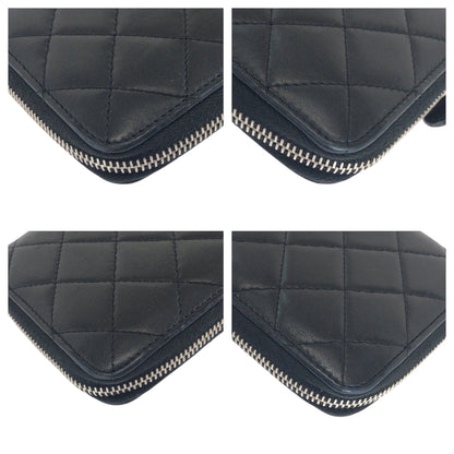 CHANEL Long Wallet Purse lambskin Black Silver Metal Long Wallet Purse Zip Around Matrasse COCO Mark Women