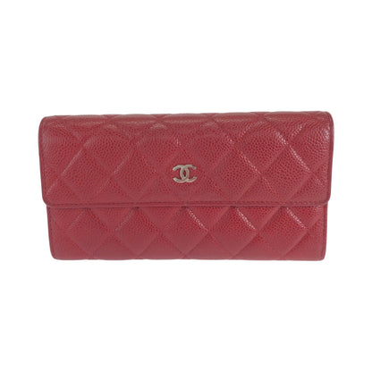 CHANEL Long Wallet Purse Caviar skin Red Silver Metal Long Wallet Purse Matrasse COCO Mark Women