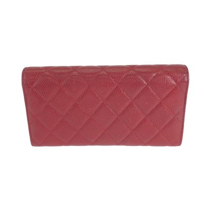 CHANEL Long Wallet Purse Caviar skin Red Silver Metal Long Wallet Purse Matrasse COCO Mark Women