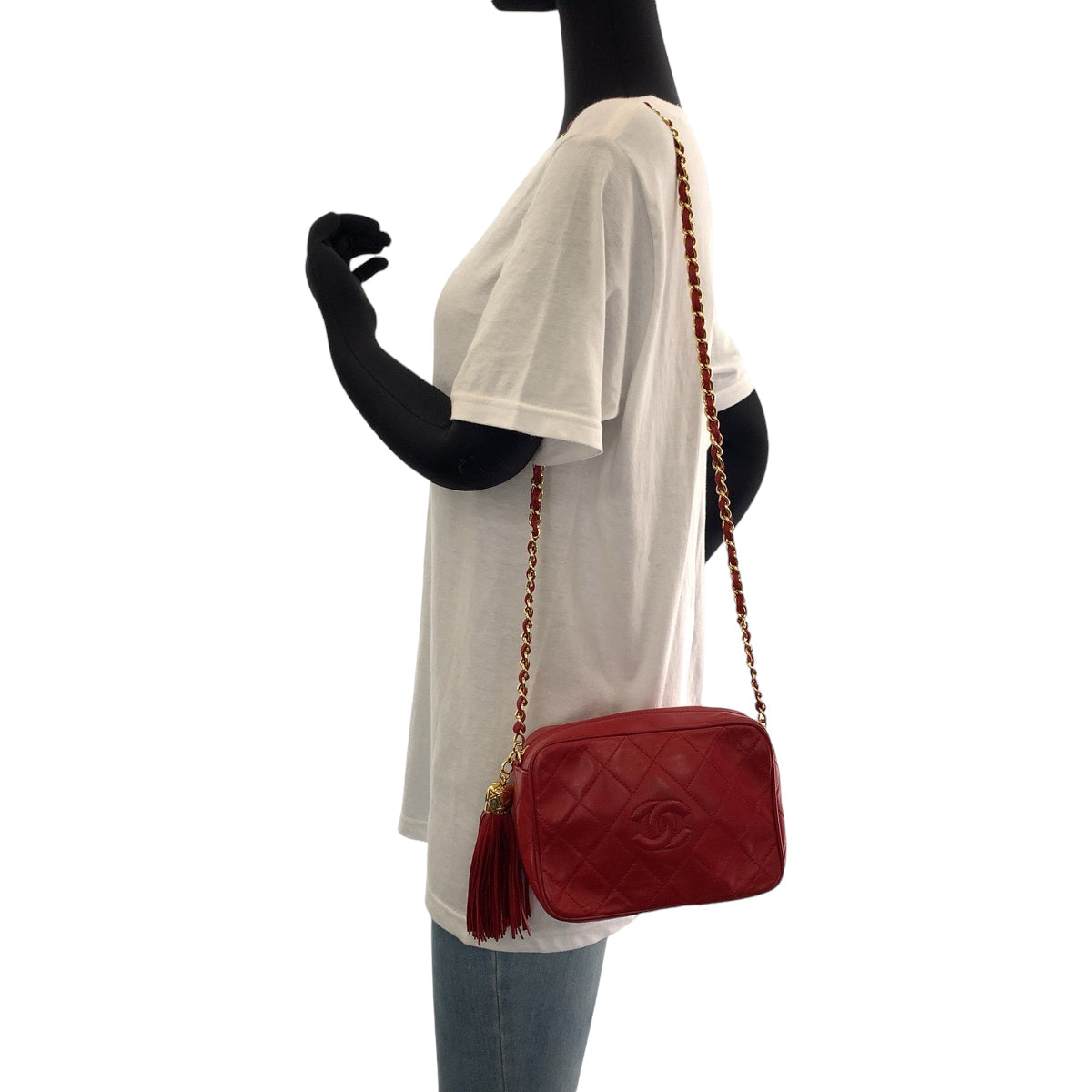 CHANEL Shoulder Bag lambskin Red Gold Metal Matrasse COCO Mark fringe tassel