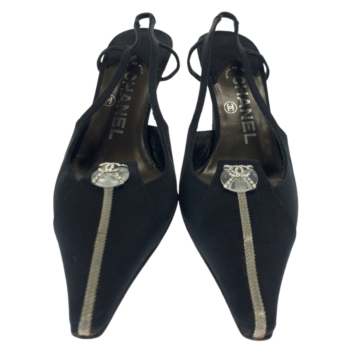 CHANEL pumps Satin Black SilverMetal Pumps Mules High Heels COCO Mark Rhinestone Women 23.5