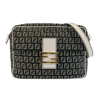 FENDI Shoulder Bag Canvas, Leather Black White Gold Metal Shoulder Bag pochette Zucchino Mamma Women