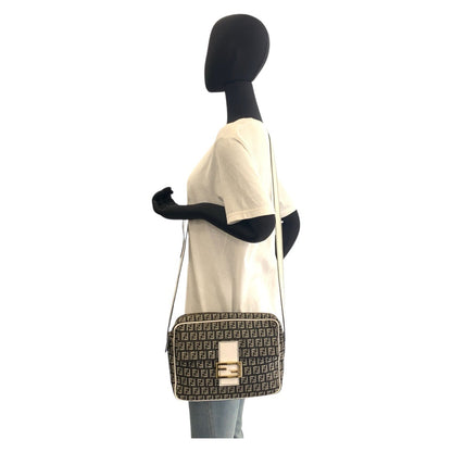 FENDI Shoulder Bag Canvas, Leather Black White Gold Metal Shoulder Bag pochette Zucchino Mamma Women
