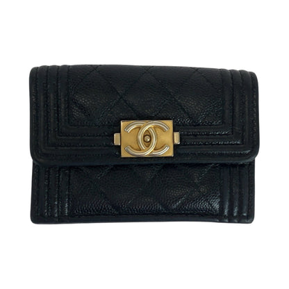 CHANEL Tri-fold wallet Caviar skin Black GoldMetal Folding wallet Compact wallet Boy Chanel Small Flap COCO Mark Women
