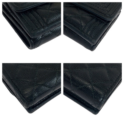 CHANEL Tri-fold wallet Caviar skin Black GoldMetal Folding wallet Compact wallet Boy Chanel Small Flap COCO Mark Women
