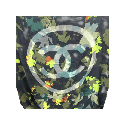 CHANEL scarf cashmere Green multicolor Camouflage COCO Mark