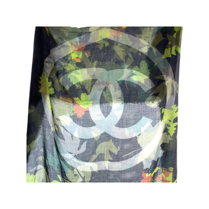 CHANEL scarf cashmere Green multicolor Camouflage COCO Mark
