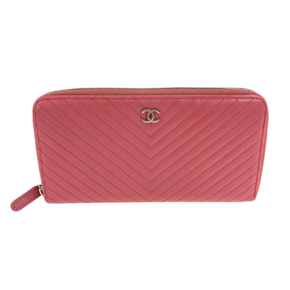CHANEL Long Wallet Purse Caviar skin Pink Gold Metal V Chevron Vstitch COCO Mark