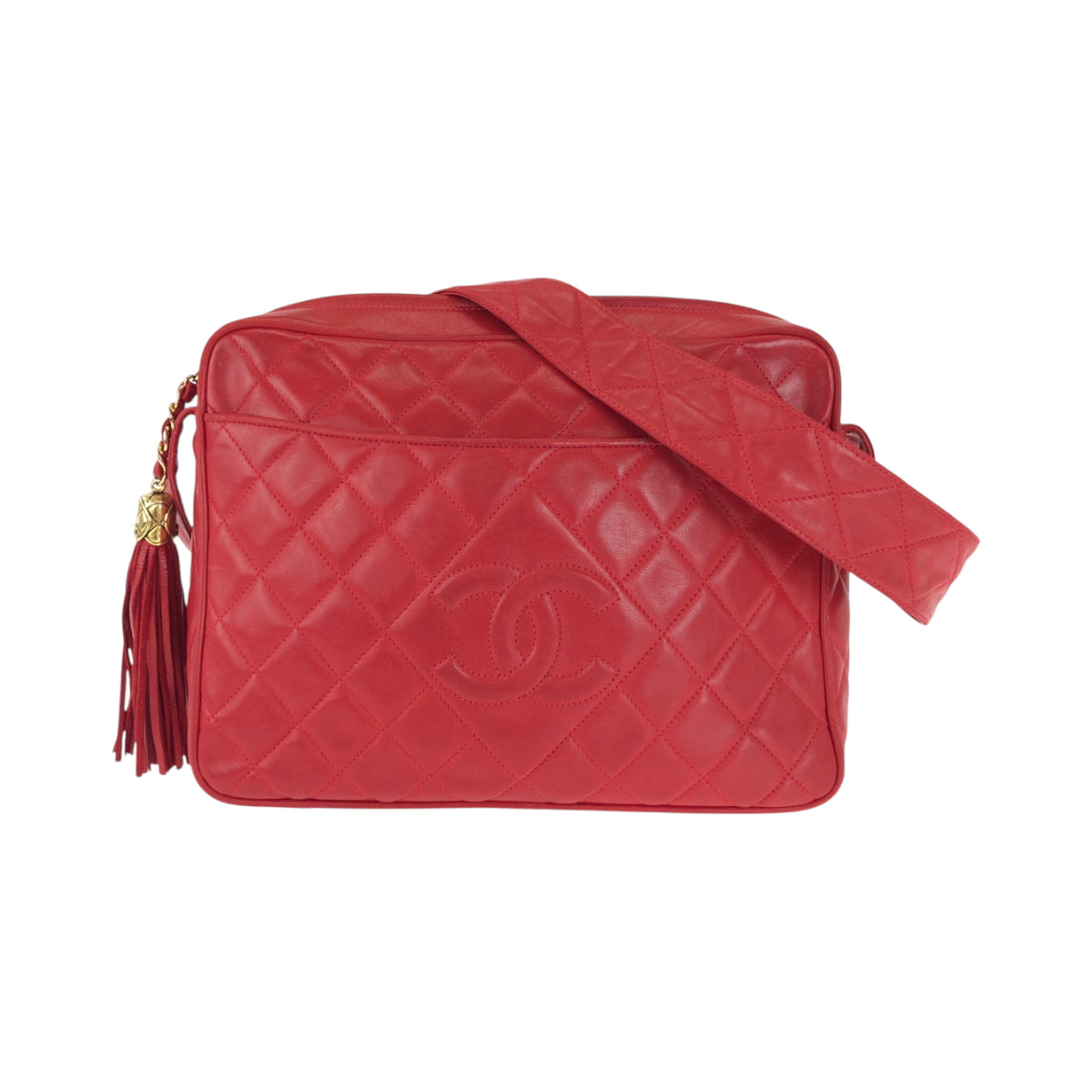 CHANEL Shoulder Bag lambskin Red Gold Metal Matrasse COCO Mark Tassel Fringe