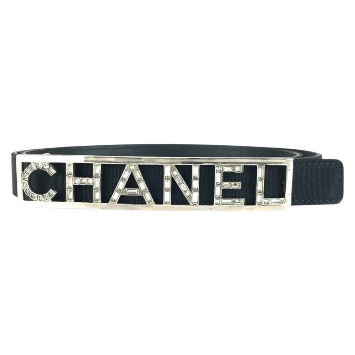CHANEL belt leather black logo rhinestone 34