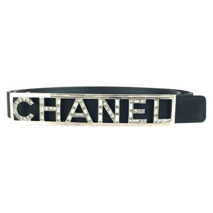 CHANEL belt leather black logo rhinestone 34